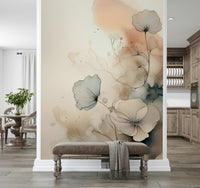 Dusky Ink Petals wallpaper mural on an entry partition above a grey upholstered bench between dining room and kitchen