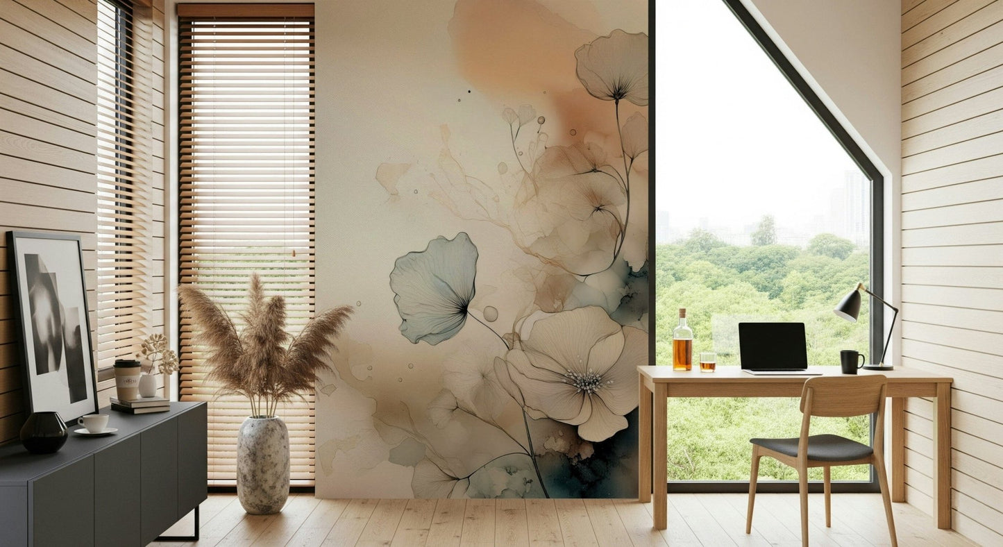 Dusky Ink Petals wallpaper mural in a wood-panelled home office with desk beside an angled window over trees