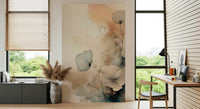 Dusky Ink Petals wallpaper mural with peach and teal blooms in a home office with desk and green window view