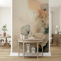 Dusky Ink Petals wallpaper mural behind a wood console table in a hallway between a dining room and living room