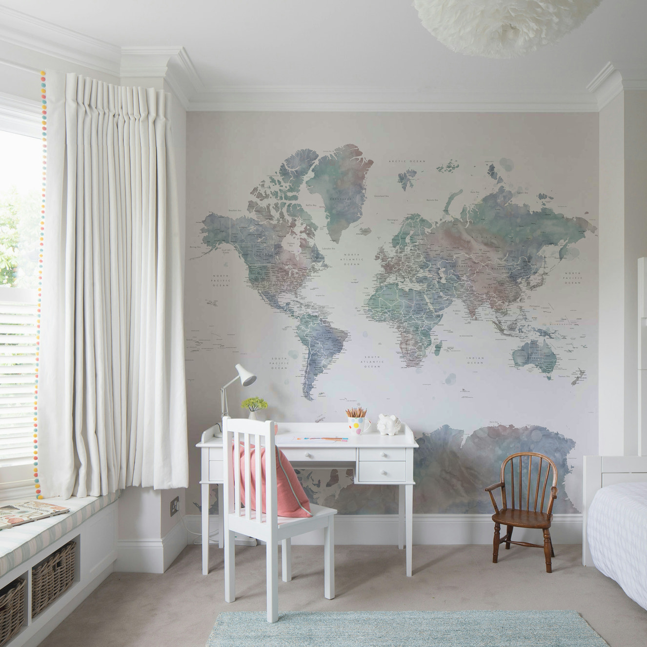 Dusty blue map wallpaper for nursery or study

