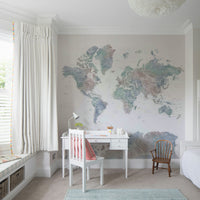 Dusty blue map wallpaper for nursery or study

