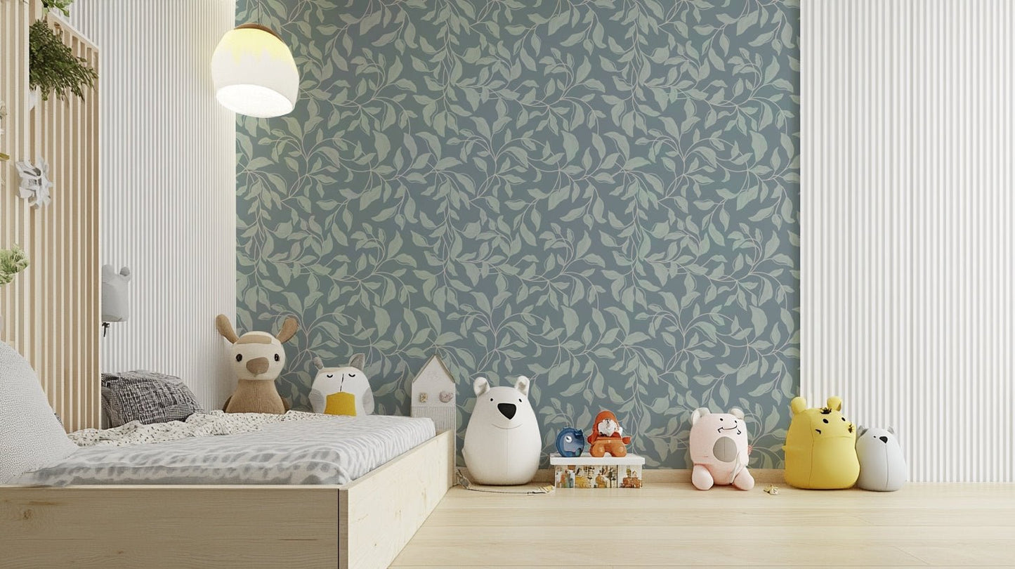 The primary color is a dusty blue, likely complemented by other muted or neutral tones.
