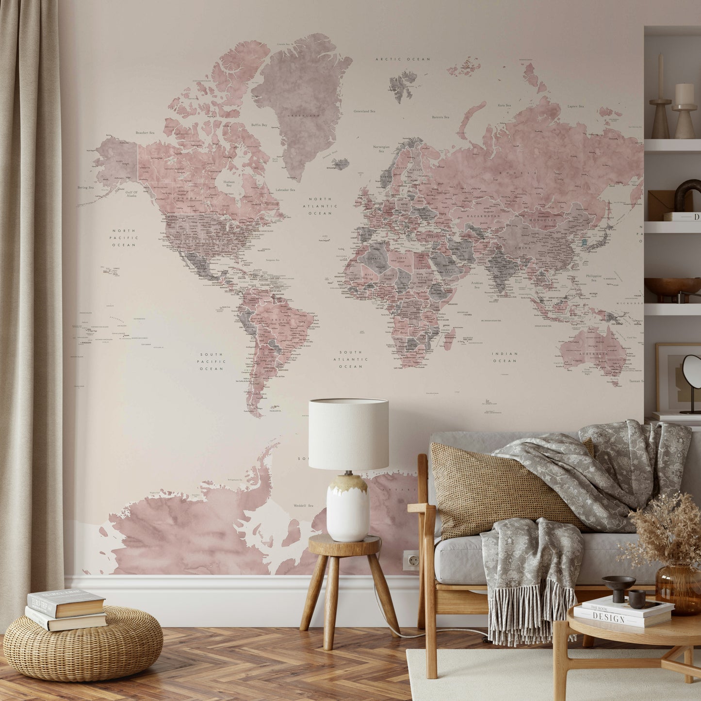 Watercolor-style map wallpaper in warm blush tones

