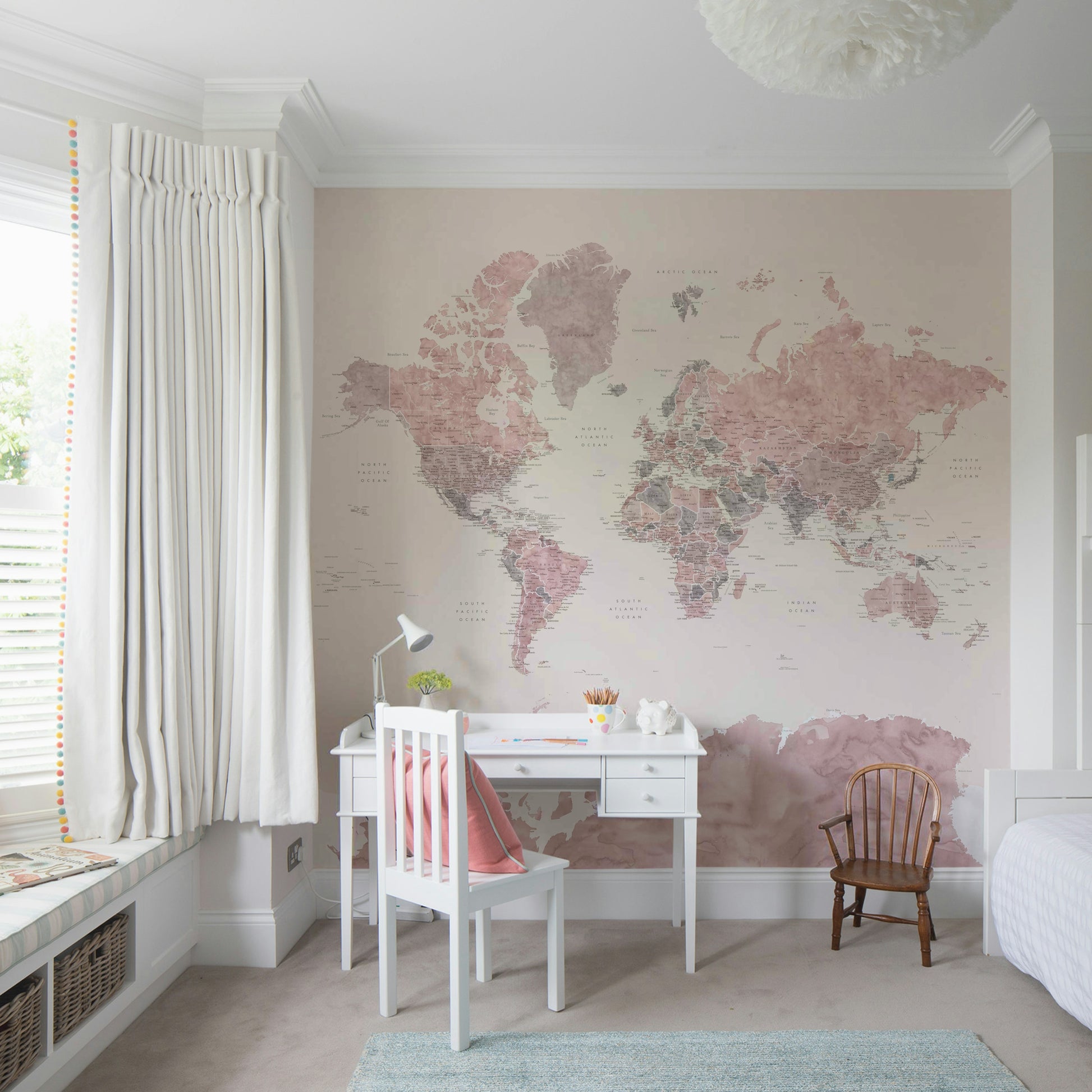 Peel and stick dusty pink map for bedrooms or offices


