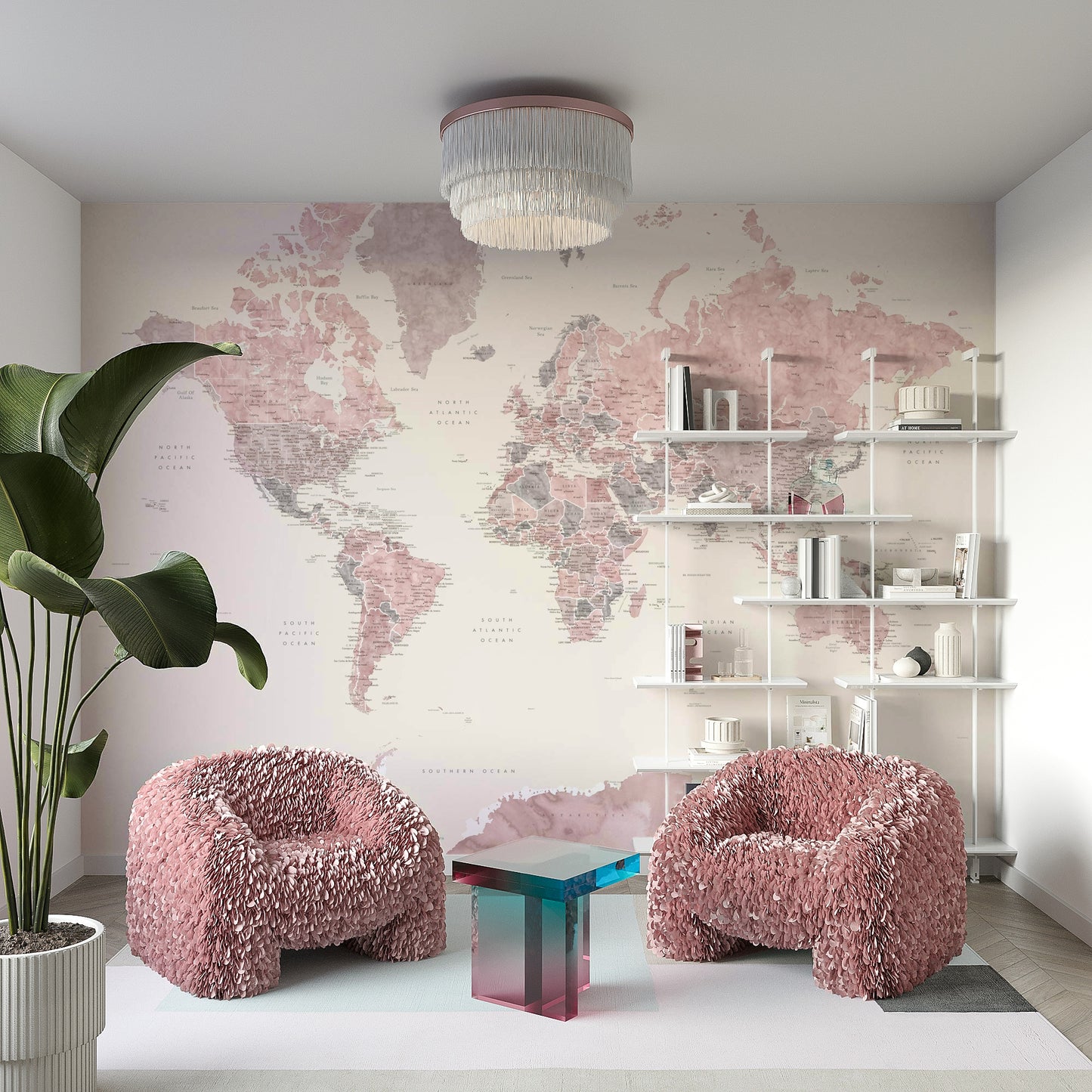 Feminine world map wallpaper in dusty pink hues

