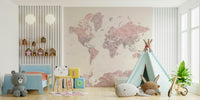 Soft pink watercolor map mural with global design


