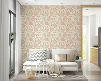 Dusty rose botanical wallpaper creating calming atmosphere

