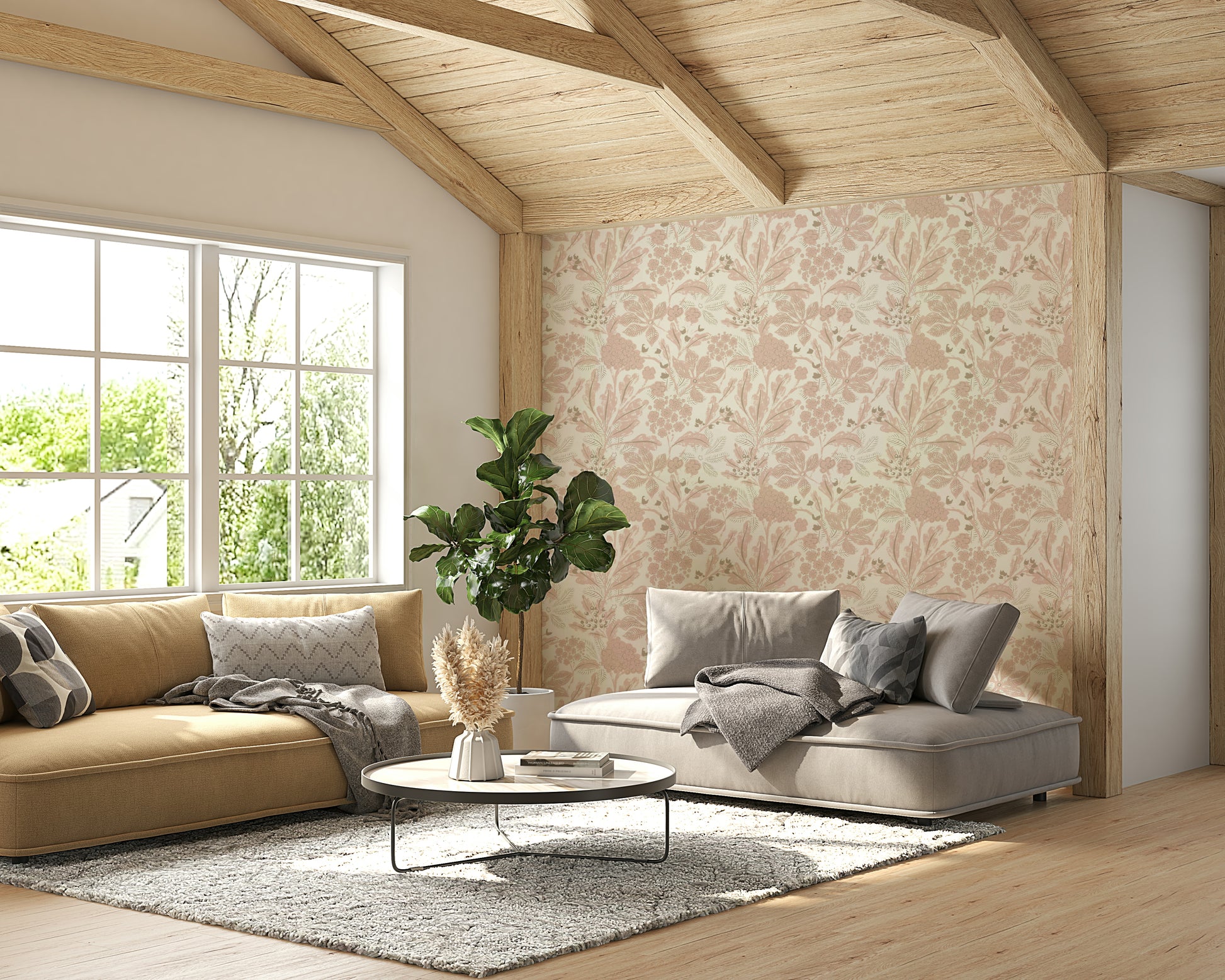 Dusty rose floral wallpaper adding warm tones to room

