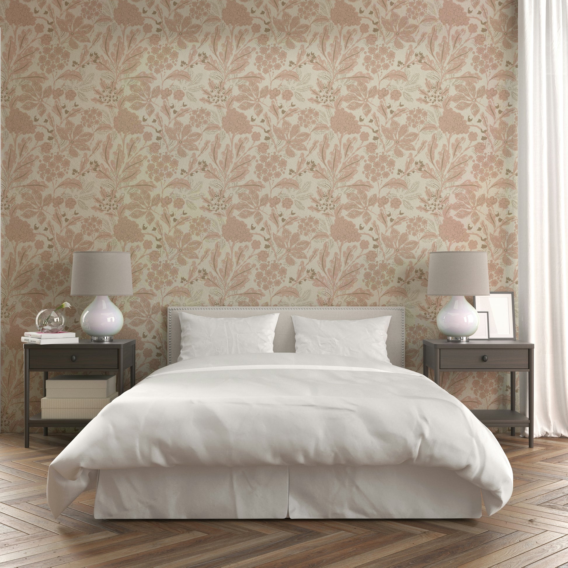 Close-up of dusty rose botanical wallpaper details

