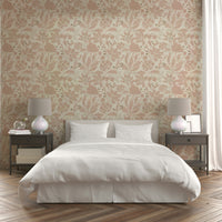 Close-up of dusty rose botanical wallpaper details

