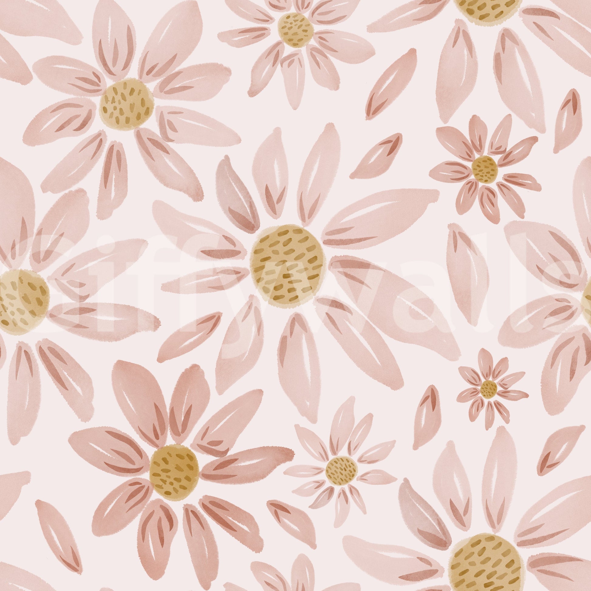 Botanical wallpaper with warm-toned rose flowers arranged in a delicate, airy pattern.