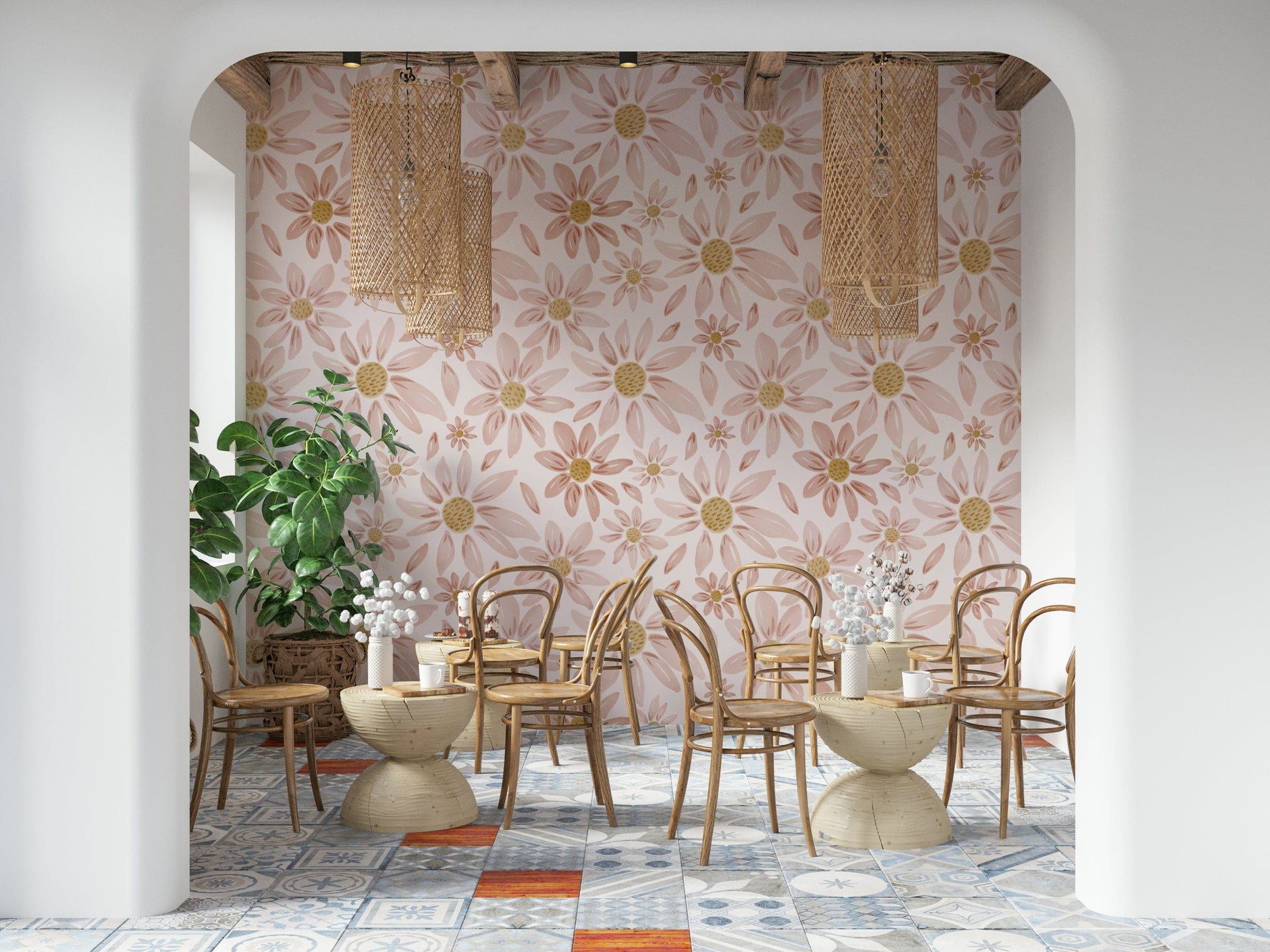 Elegant wallpaper mural featuring watercolor-style dusty rose blossoms on a soft backdrop.