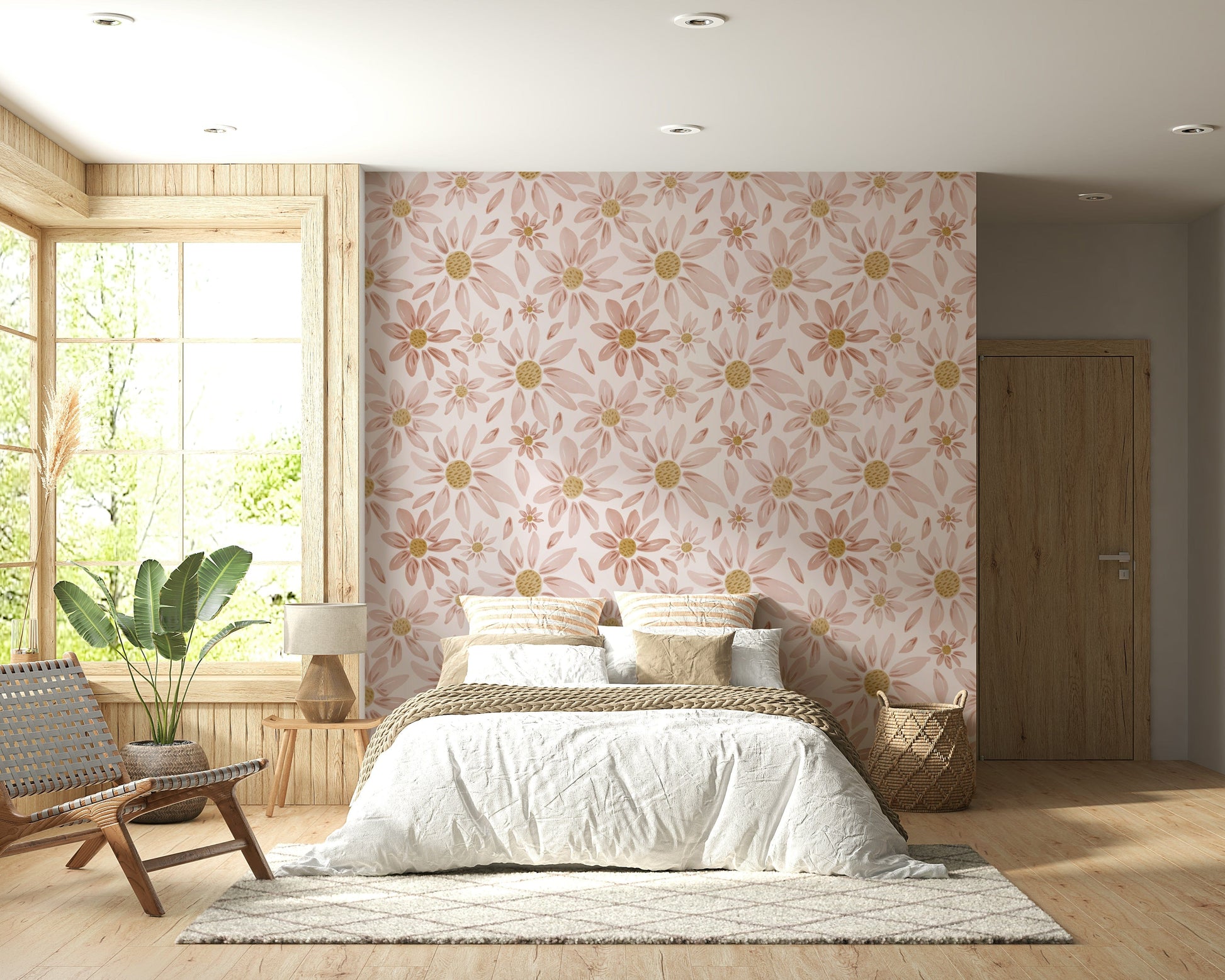 Pastel floral wallpaper featuring dusty rose petals and warm golden flower centers.