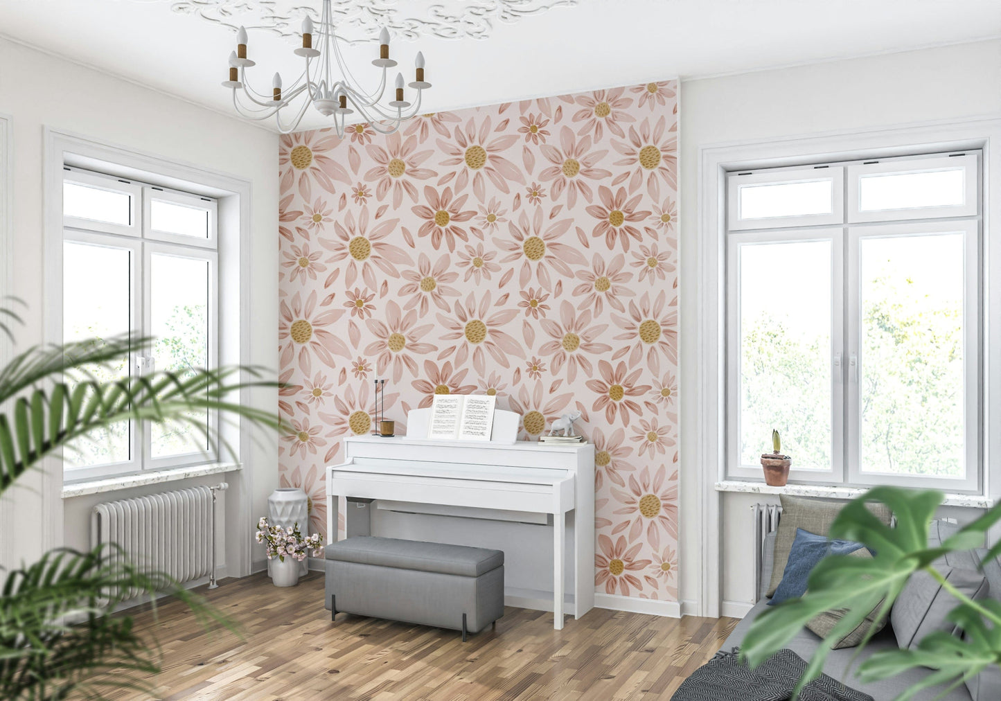 Dusty Rose Floral Dream wallpaper showcasing delicate pastel flowers on a light cream background.