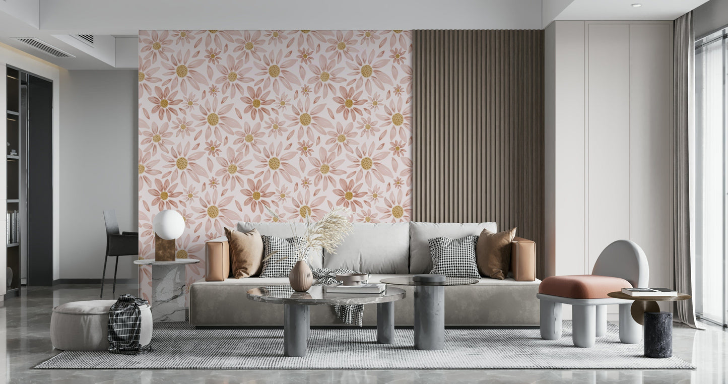 Floral wallpaper mural with watercolor-style dusty rose blooms arranged in a gentle repeating pattern.