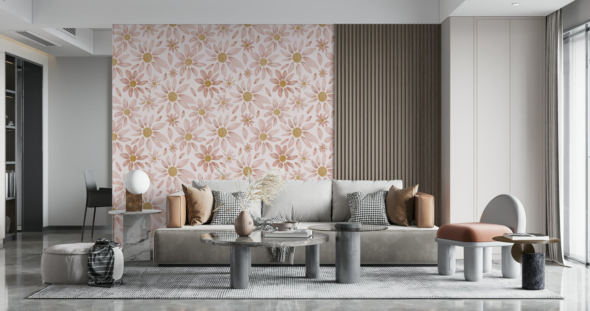 Floral wallpaper mural with watercolor-style dusty rose blooms arranged in a gentle repeating pattern.