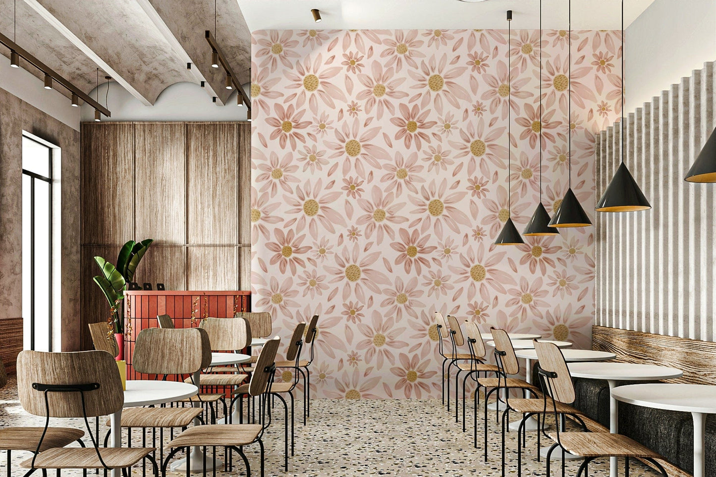 Dusty Rose Floral Dream wallpaper featuring soft pink hand-painted flowers with warm yellow centers.