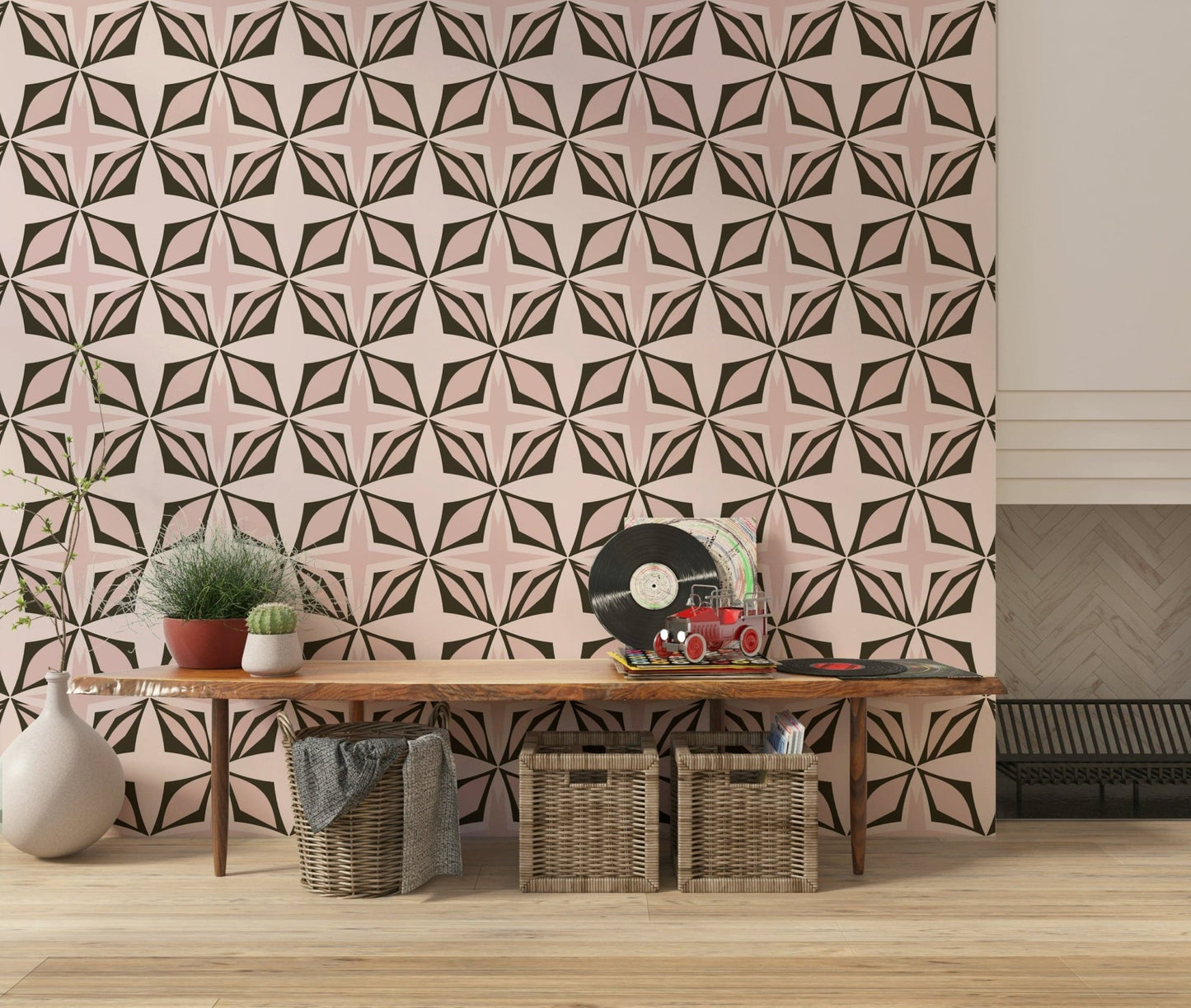 Bold pink geometric wallpaper in charcoal contrast