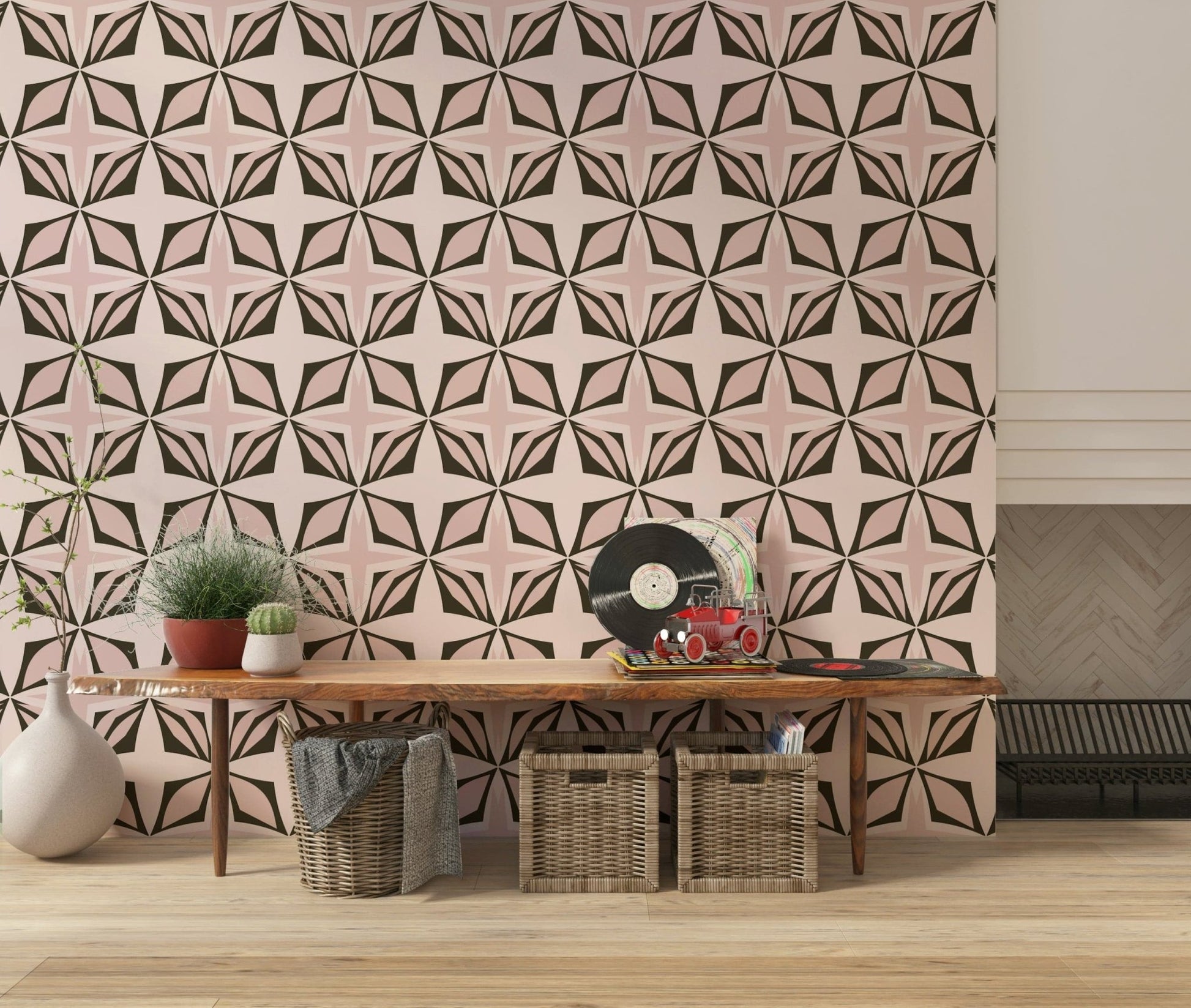 Bold pink geometric wallpaper in charcoal contrast