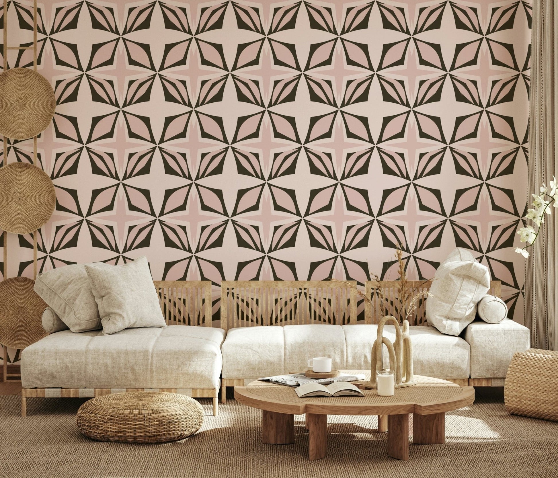 Geometric blush wallpaper in pink and dark brown