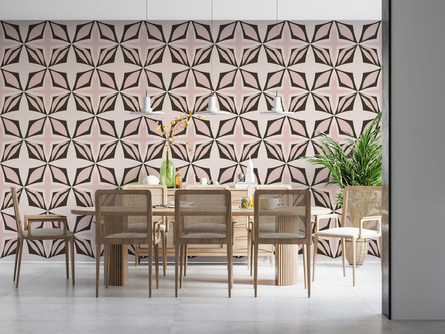Mid century blush motif wallpaper in warm neutrals