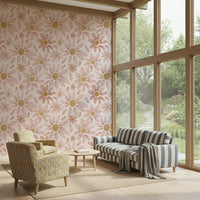 Artistic wallpaper mural with layered watercolor florals in soft pink and cream hues.