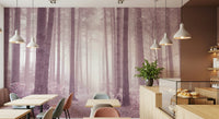Serene misty Rose Forest wall mural beautiful nature motif.