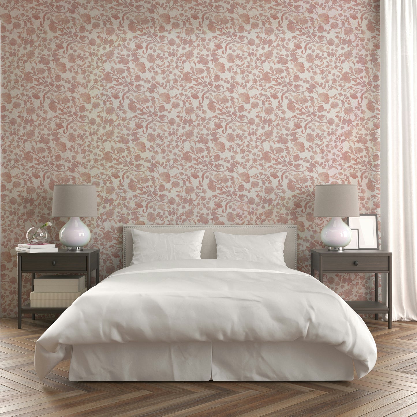 Soft botanical wallpaper with rose garden motif

