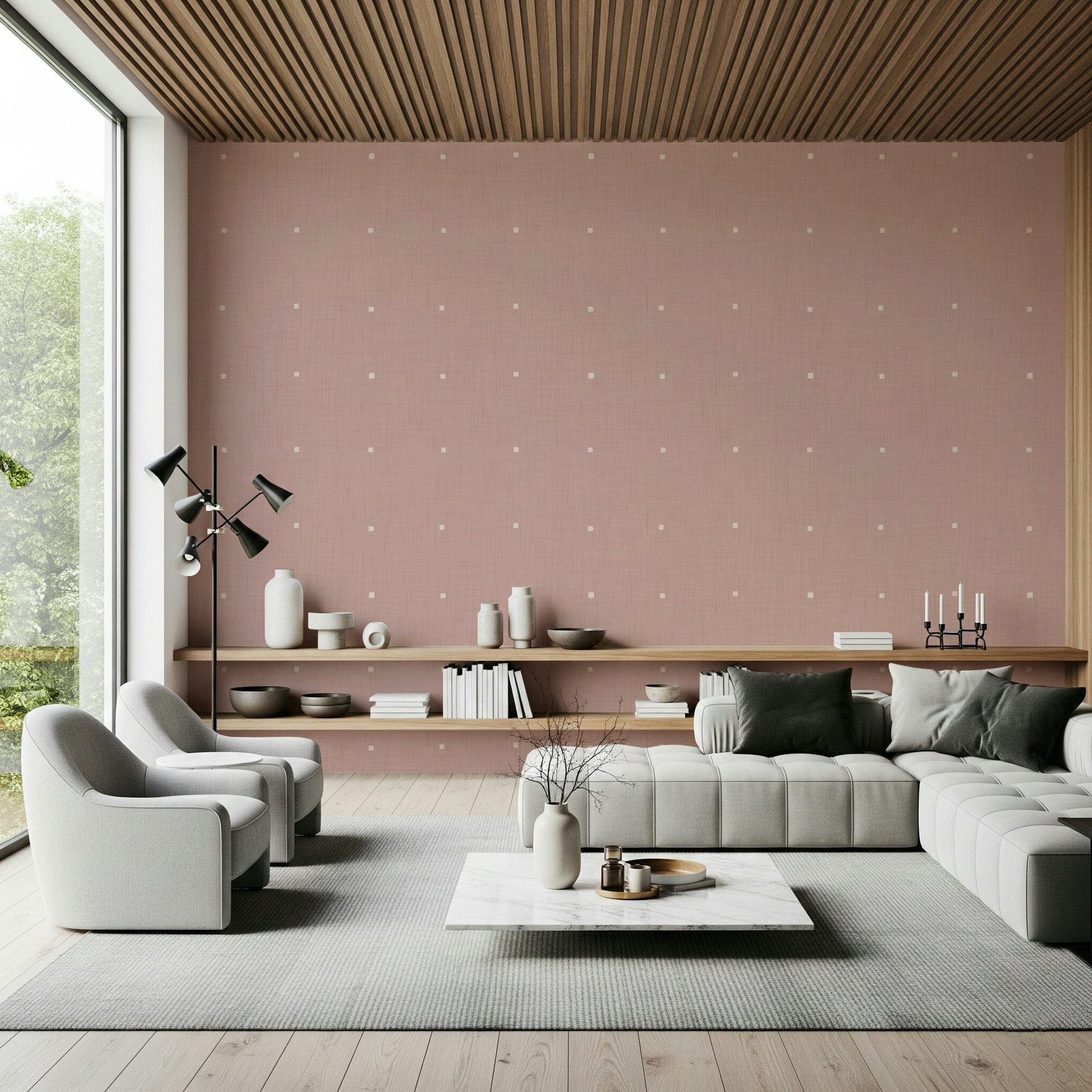 Dusty Rose Grid wall mural muted mauve linen texture cream speckles