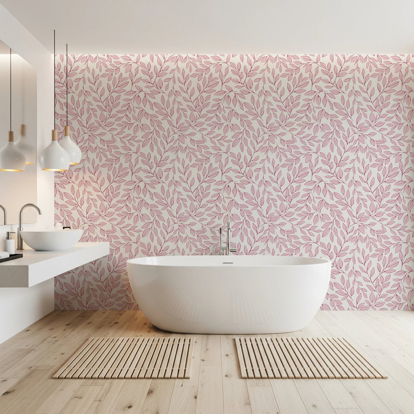 Dusty Rose Vines wallpaper with pink foliage on cream behind a freestanding tub and twin sinks in a bathroom