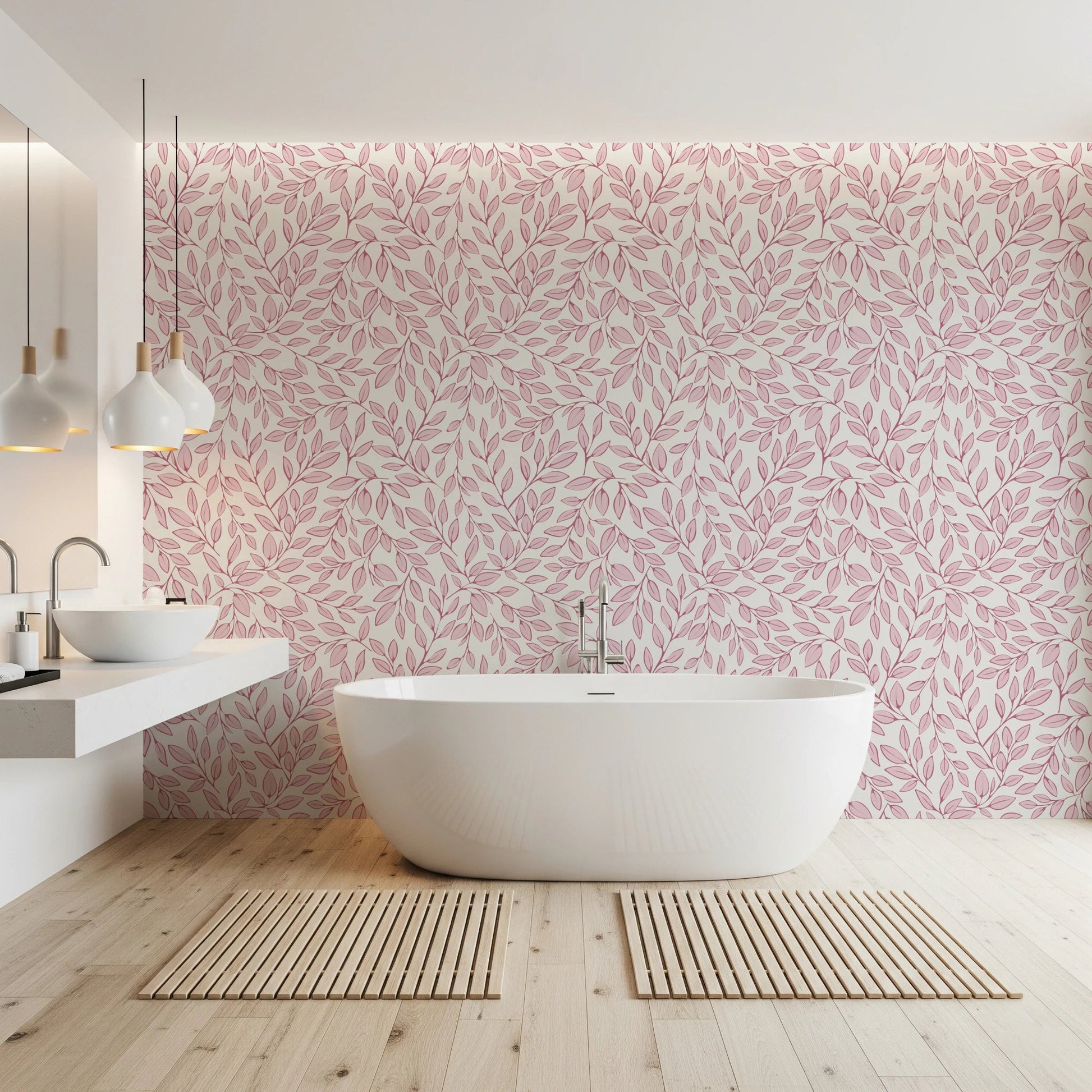 Dusty Rose Vines wallpaper with pink foliage on cream behind a freestanding tub and twin sinks in a bathroom