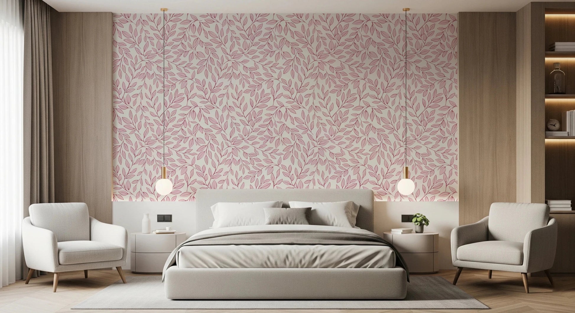 Dusty Rose Vines wallpaper of pink leaves on cream behind a grey upholstered bed flanked by armchairs