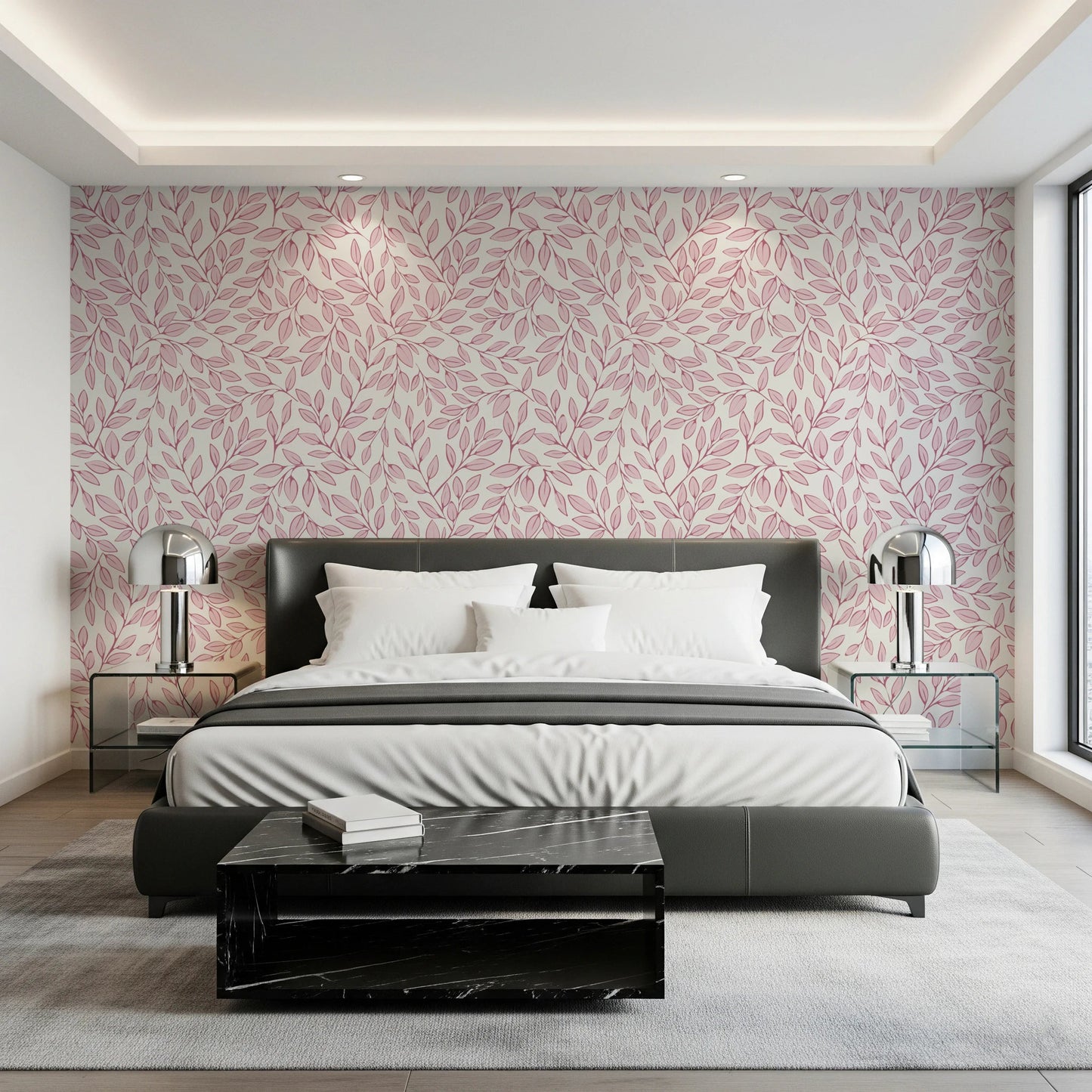 Dusty Rose Vines wallpaper of pink foliage behind a grey leather bed with chrome lamps and a marble bench