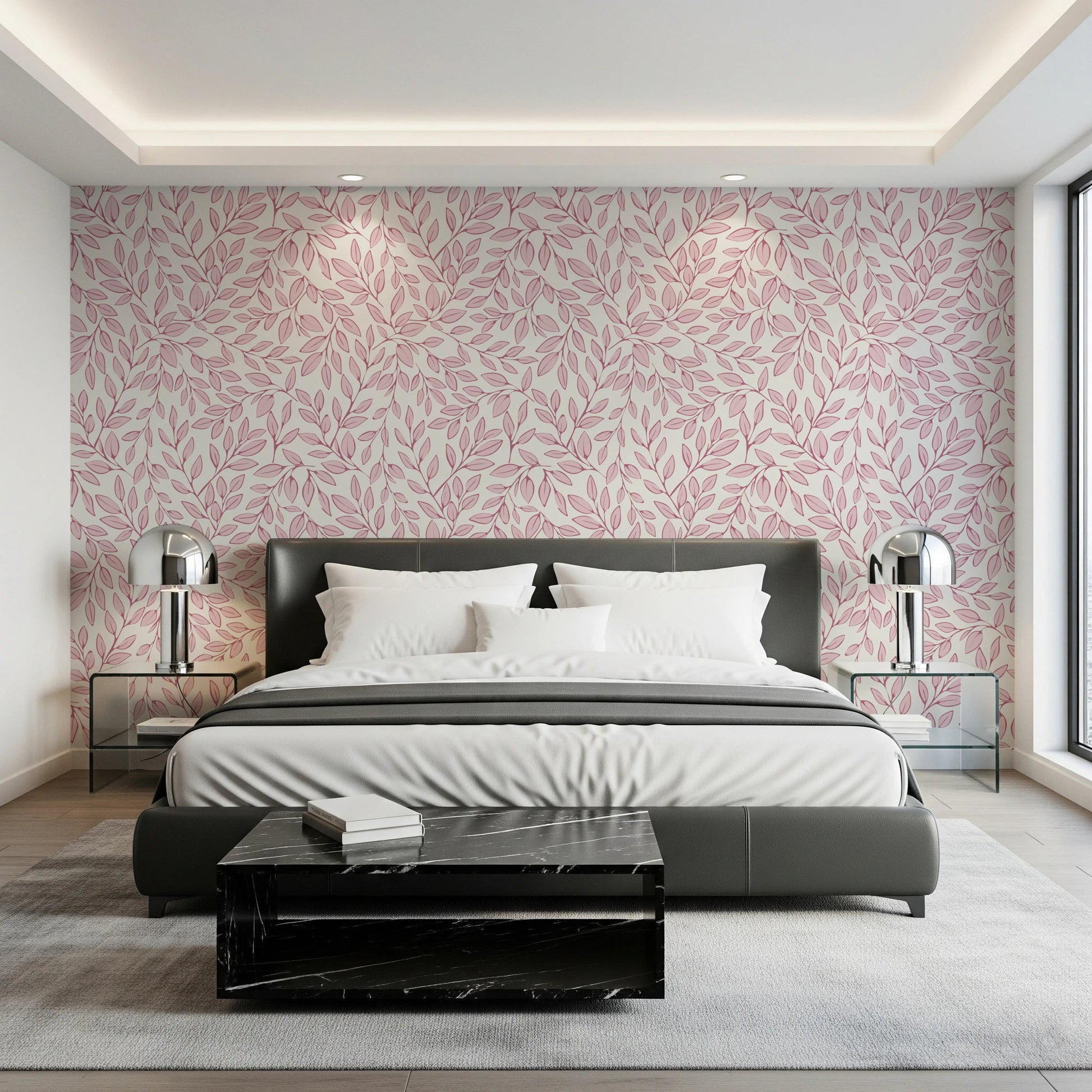 Dusty Rose Vines wallpaper of pink foliage behind a grey leather bed with chrome lamps and a marble bench