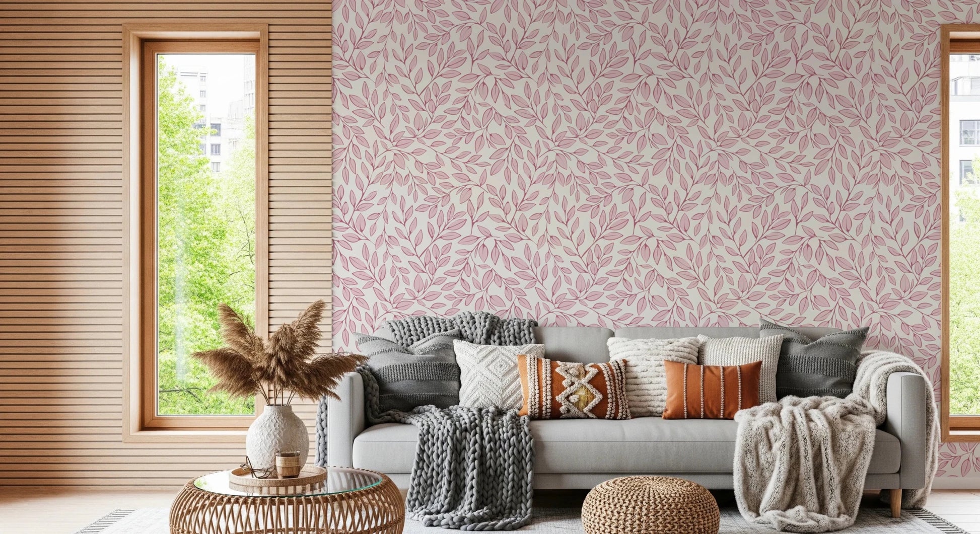 Dusty Rose Vines wallpaper with pink leaves behind a grey sofa with knit throws beside a slatted wood window
