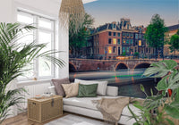 Dutch Canal Dreams wallpaper mural of Amsterdam houses and canal above a white sofa framed by green leafy plants