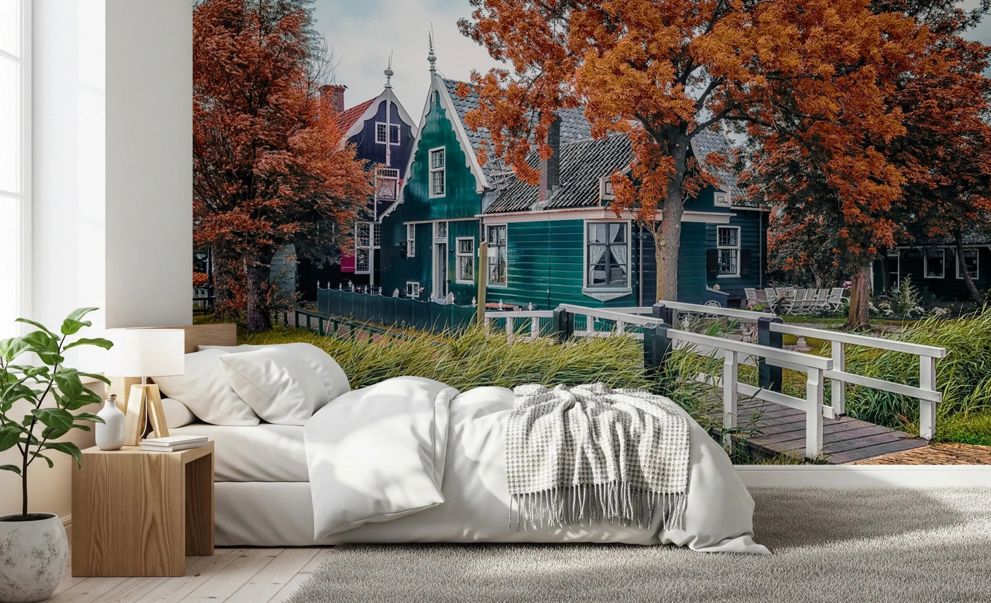 Autumn canal houses wall mural in living room