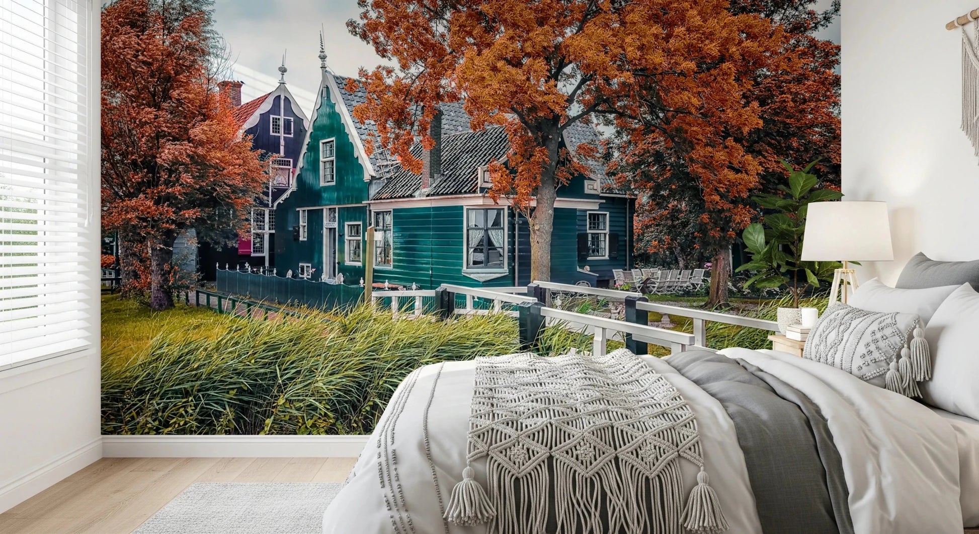 Dutch canal wall mural above cozy bedroom bed