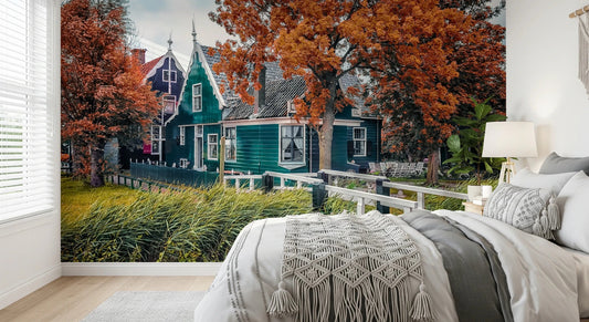Dutch canal wall mural above cozy bedroom bed