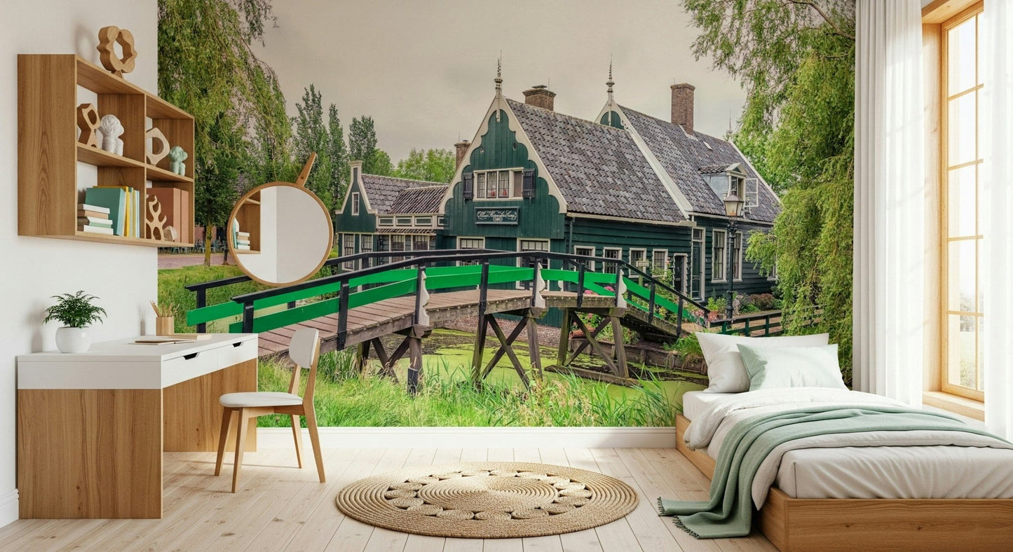 Dutch Charms Wall Mural in green wallpaper palette, nature-inspired art for home interior
