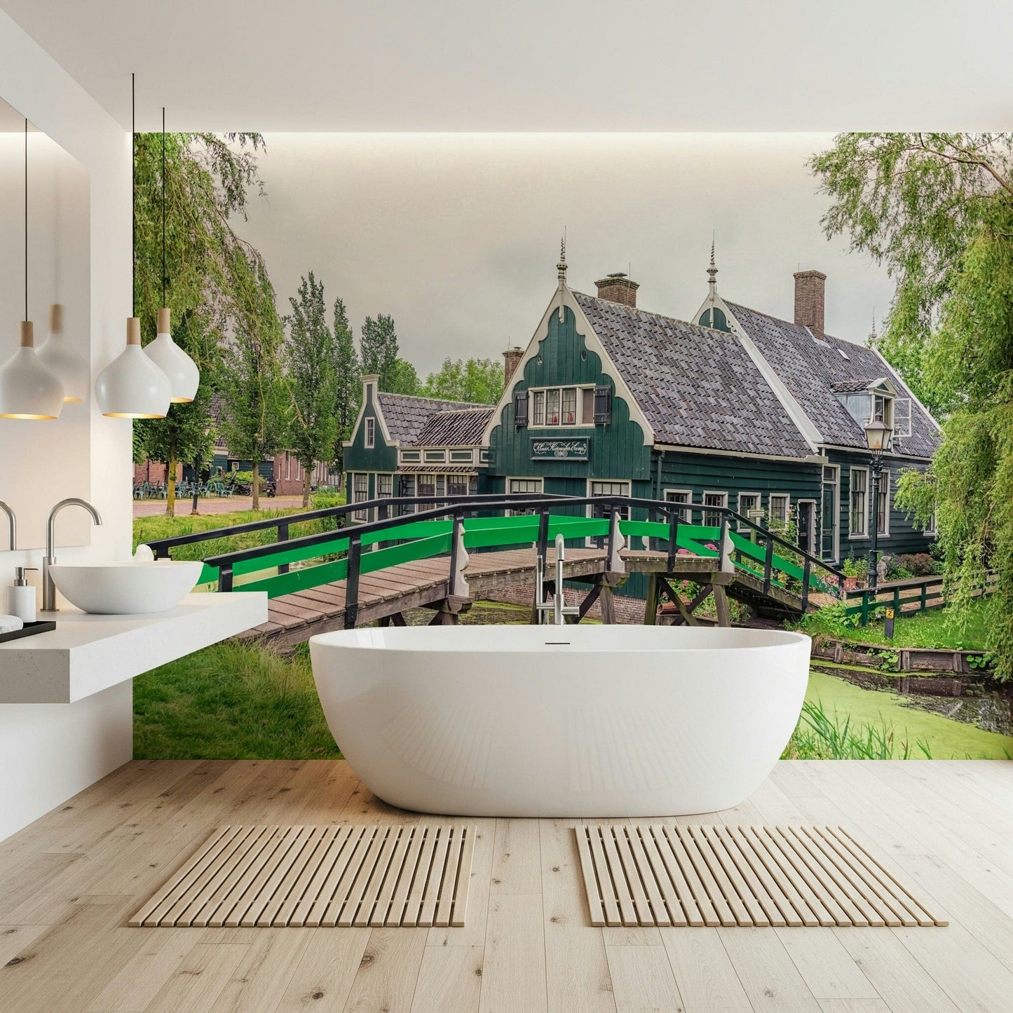 Wide view of Dutch Charms Wall Mural, green wallpaper background with nature details at home