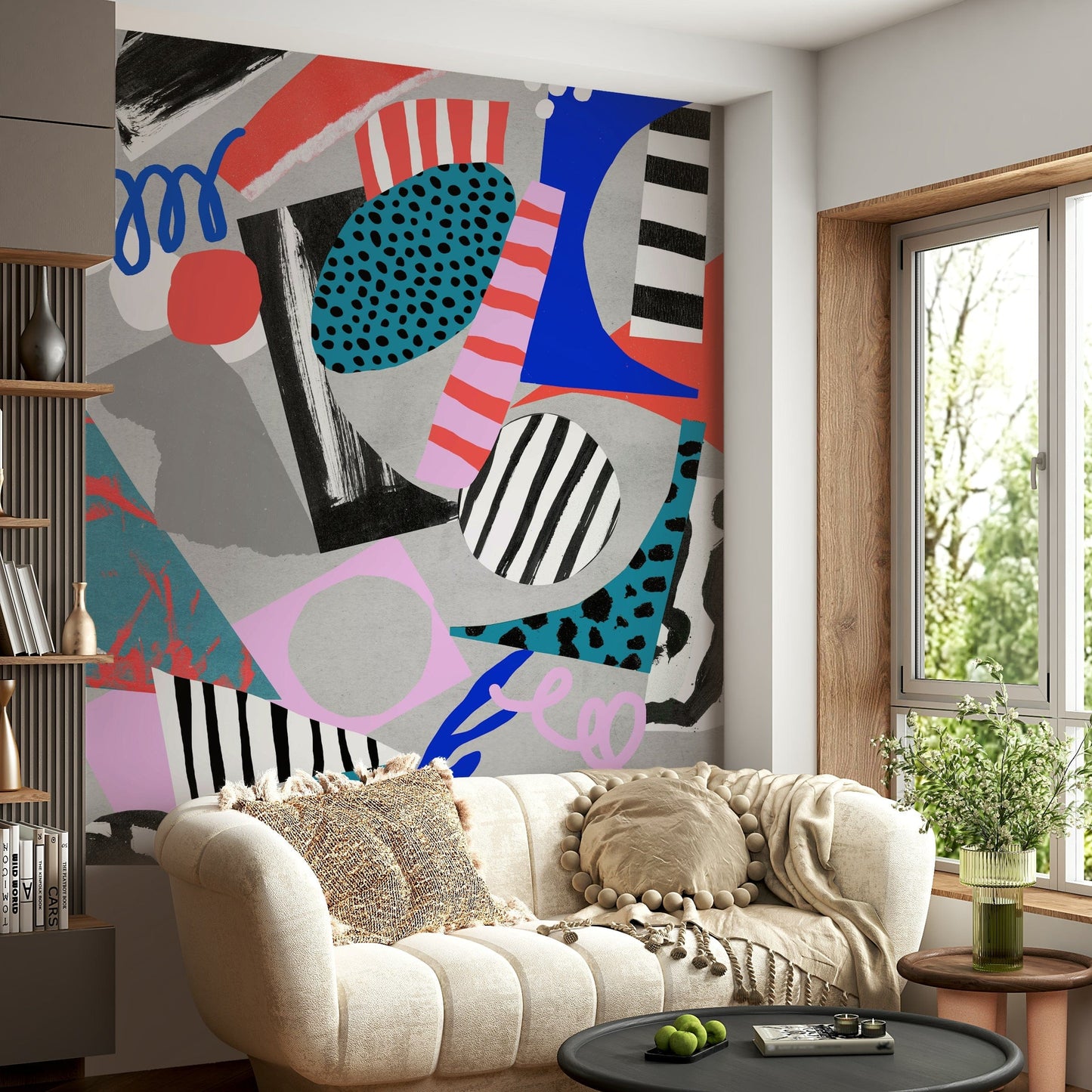 A peaceful geometric design mural on decorative wallpaper.

