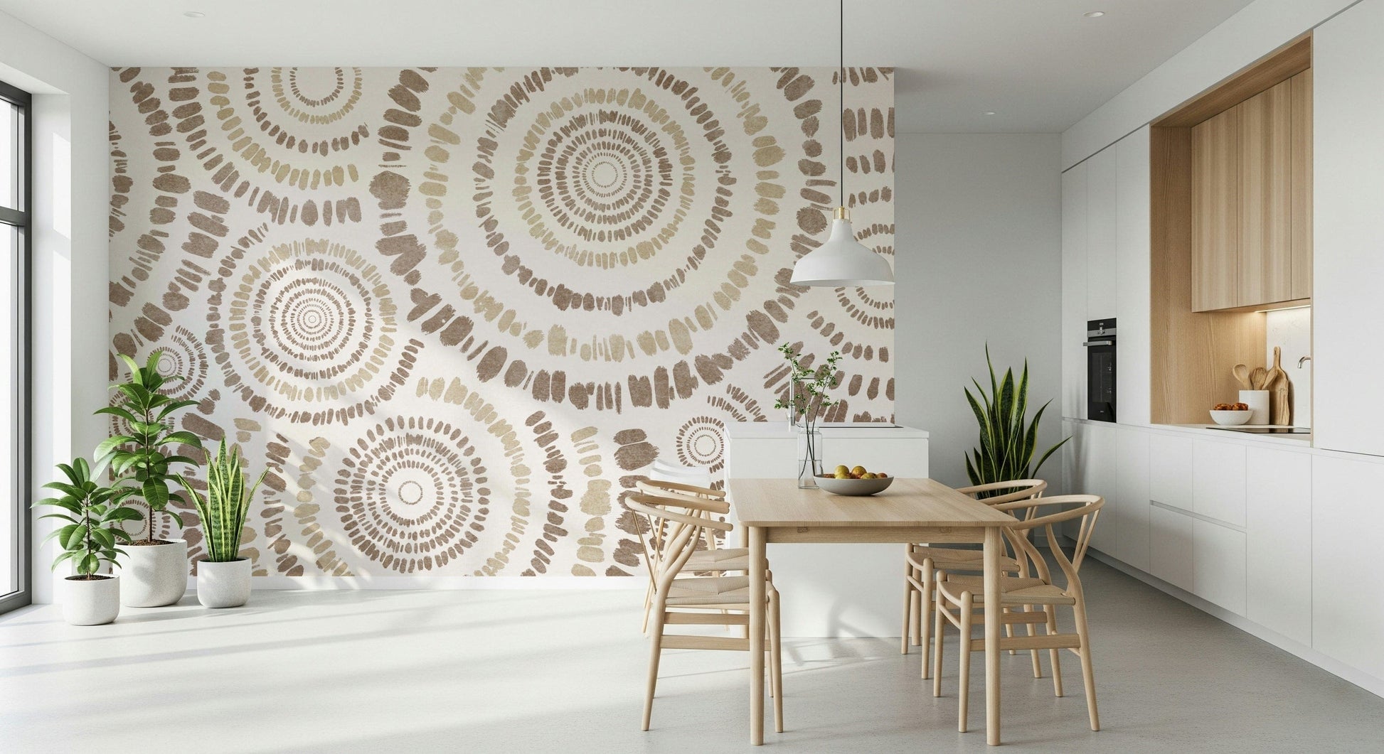 A peaceful modern abstract mural on decorative wallpaper.
