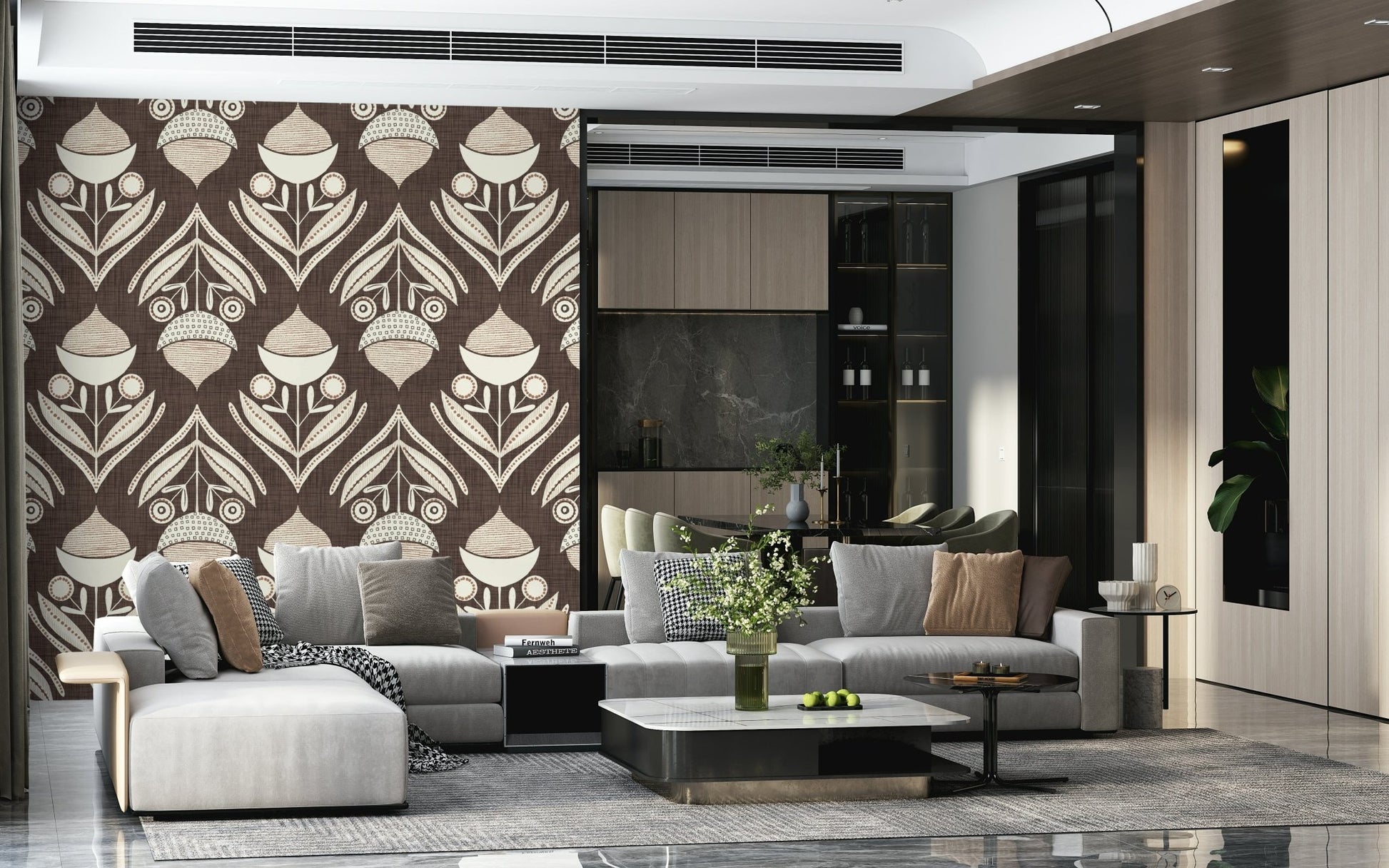Earth Tone Floral wallpaper featuring abstract flower forms with curved leaves and dotted details.