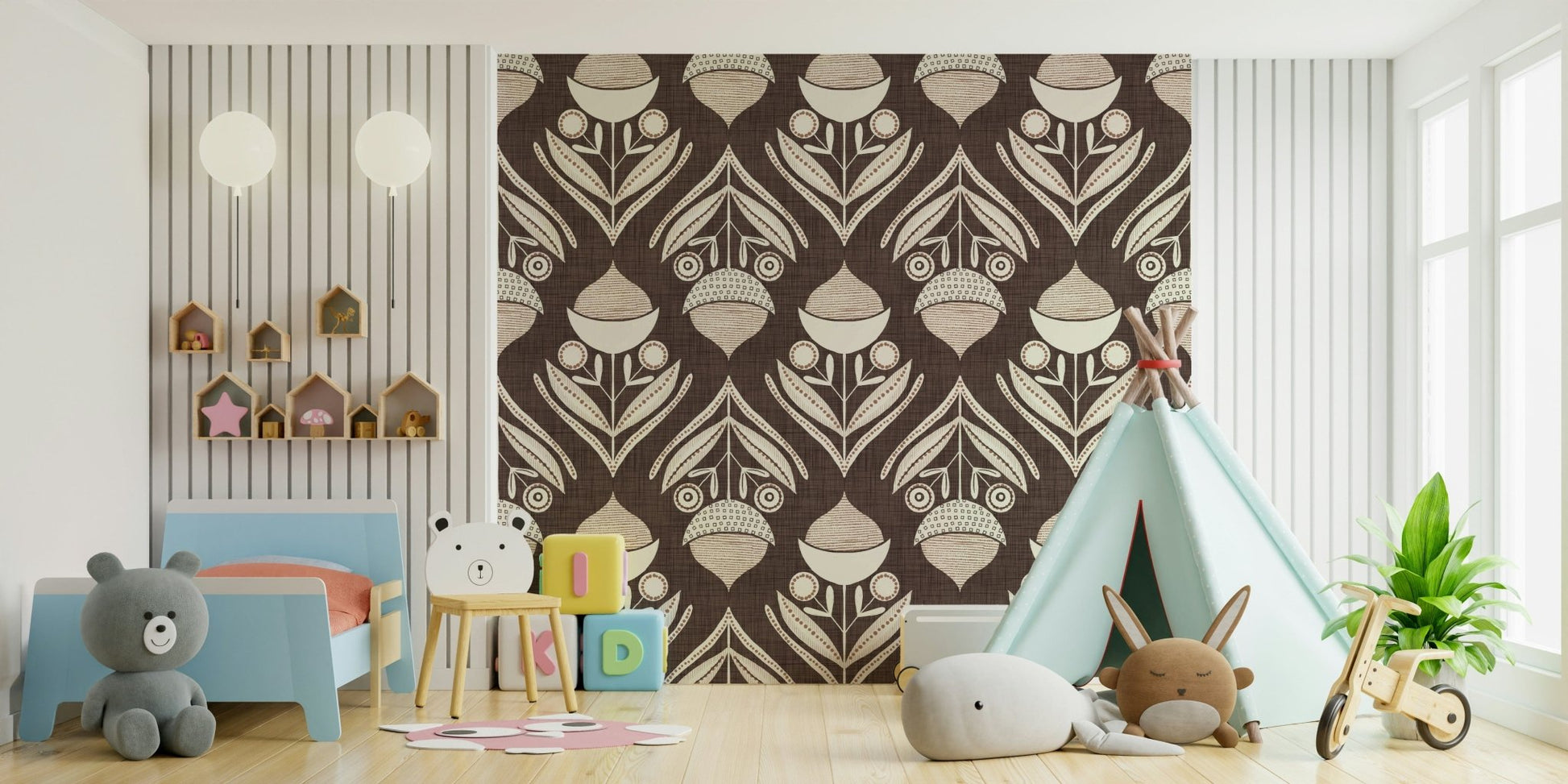 Vintage-inspired wallpaper mural with symmetrical earth-toned florals arranged in a repeating layout.