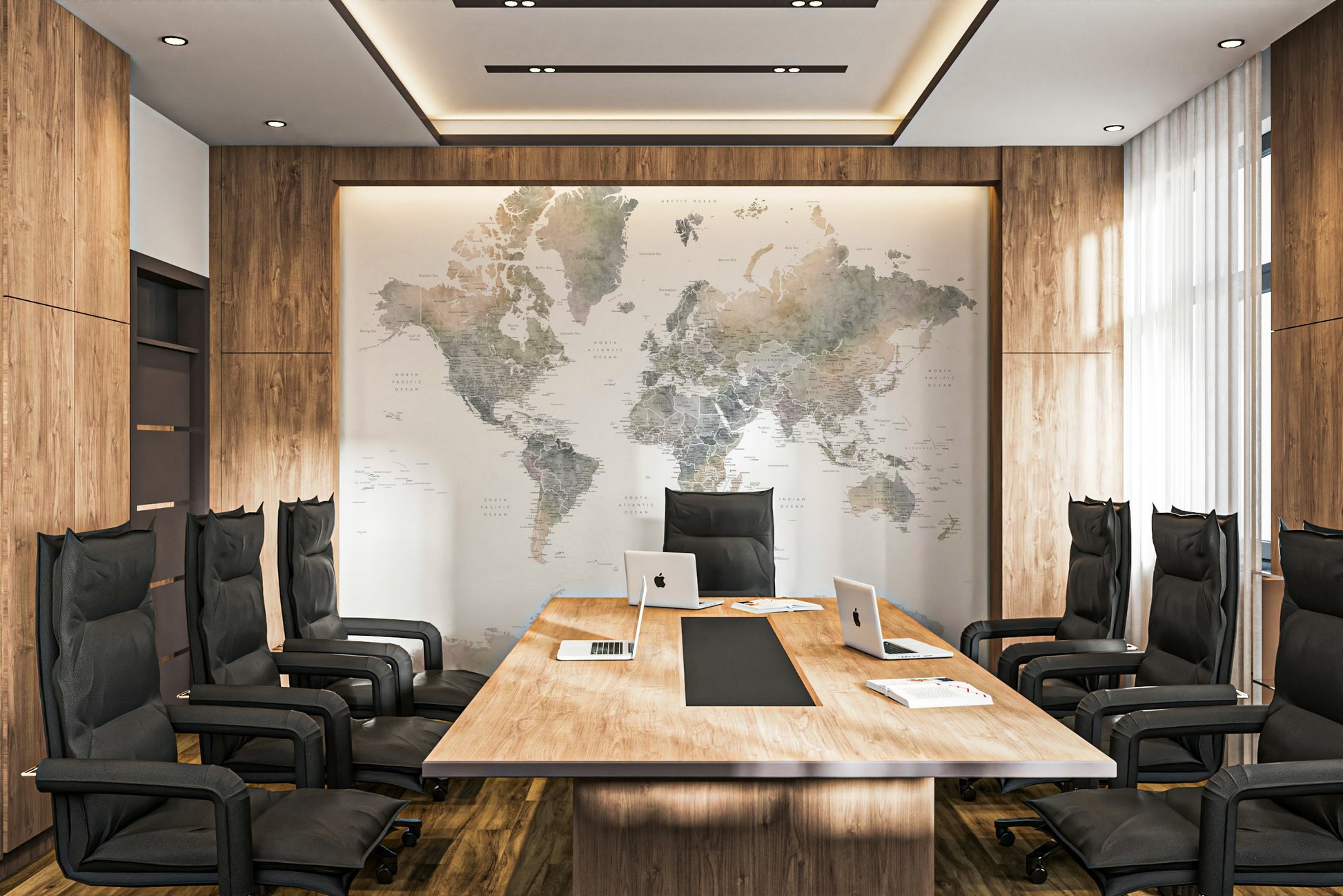 Earthy world map wallpaper for boho living rooms

