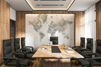 Earthy world map wallpaper for boho living rooms

