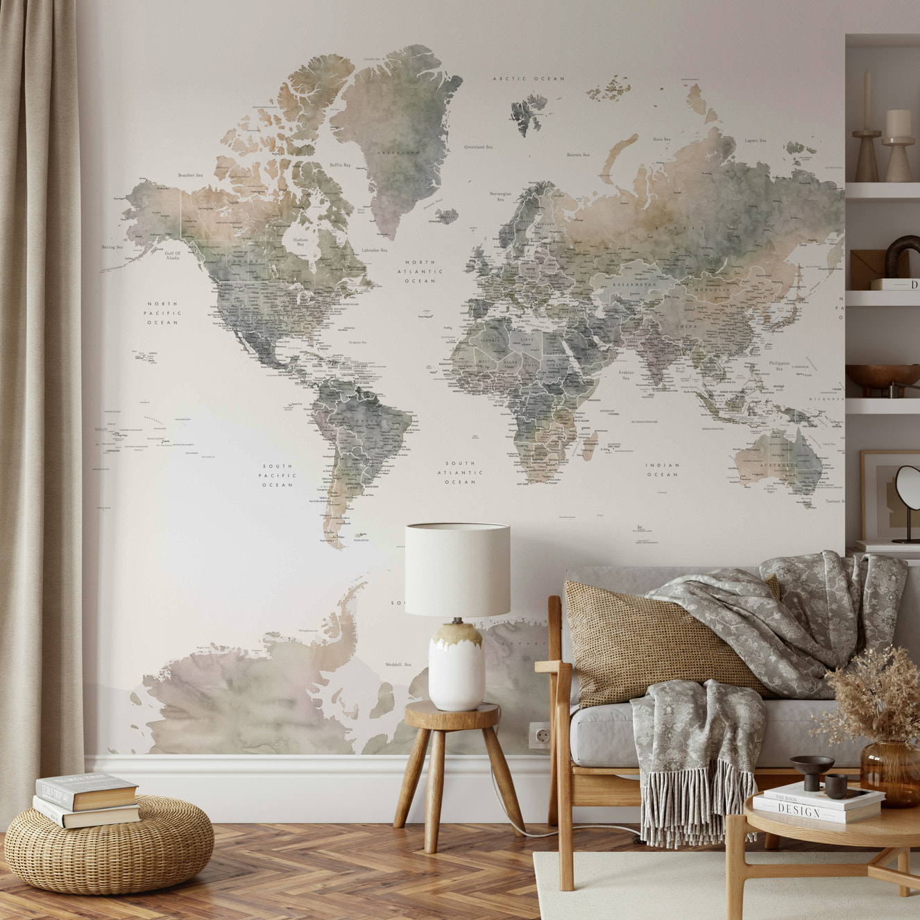 Earth tone watercolor world map wallpaper

