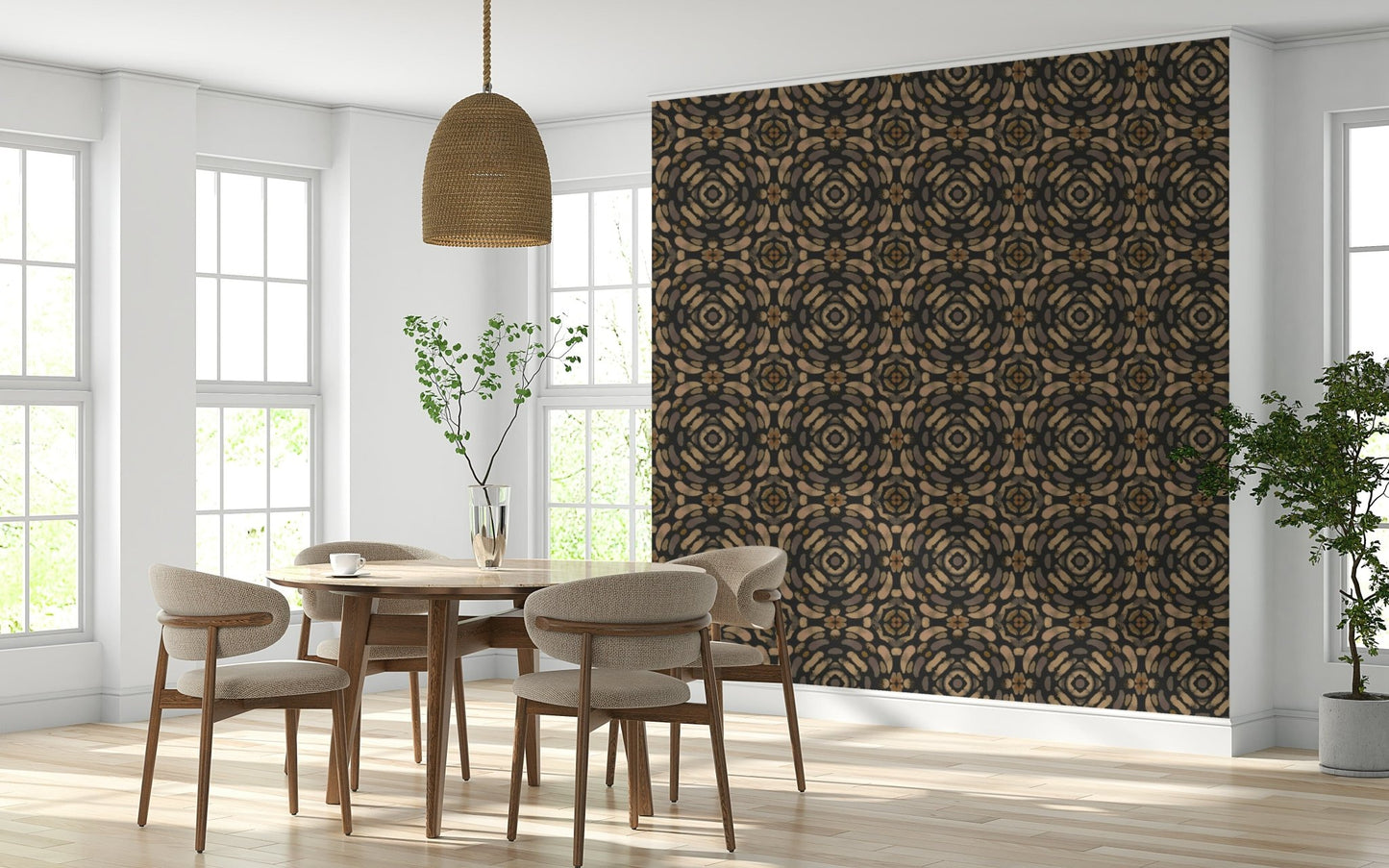 Warm-toned symmetrical design adding organic balance to interior spaces.